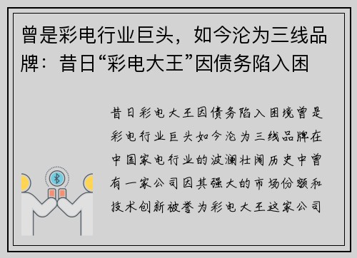 曾是彩电行业巨头，如今沦为三线品牌：昔日“彩电大王”因债务陷入困境