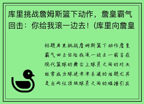 库里挑战詹姆斯篮下动作，詹皇霸气回击：你给我滚一边去！(库里向詹皇道歉)