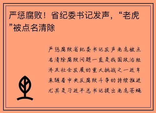 严惩腐败！省纪委书记发声，“老虎”被点名清除