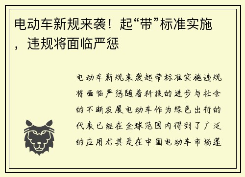 电动车新规来袭！起“带”标准实施，违规将面临严惩