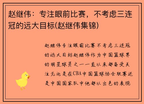 赵继伟：专注眼前比赛，不考虑三连冠的远大目标(赵继伟集锦)