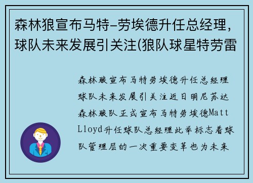 森林狼宣布马特-劳埃德升任总经理，球队未来发展引关注(狼队球星特劳雷)