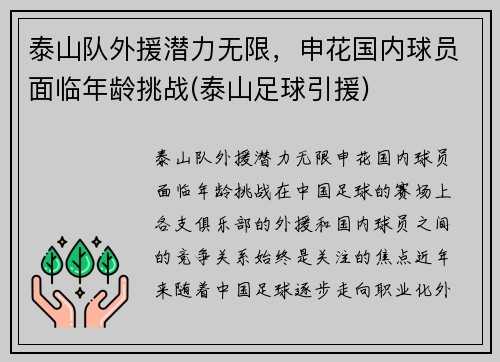 泰山队外援潜力无限，申花国内球员面临年龄挑战(泰山足球引援)